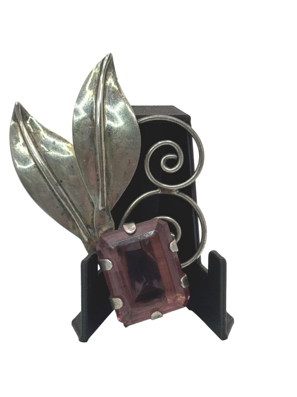 Statement Amethyst Glass Leaf Brooch Vintage Sterling Silver Purple Leaf Swirl